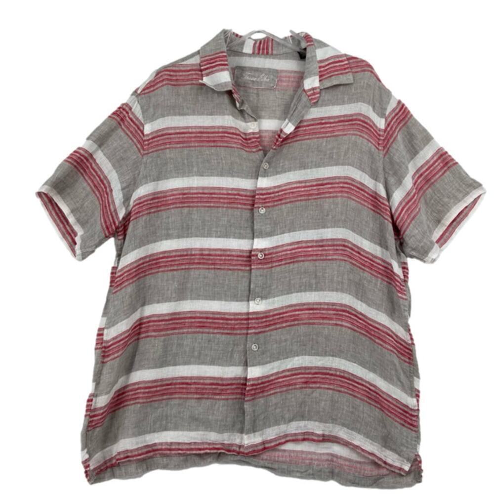 Tasso Elba Button Up‎ Shirt 100% Linen Men's Size L Gray Red Stripe Short Sleeve